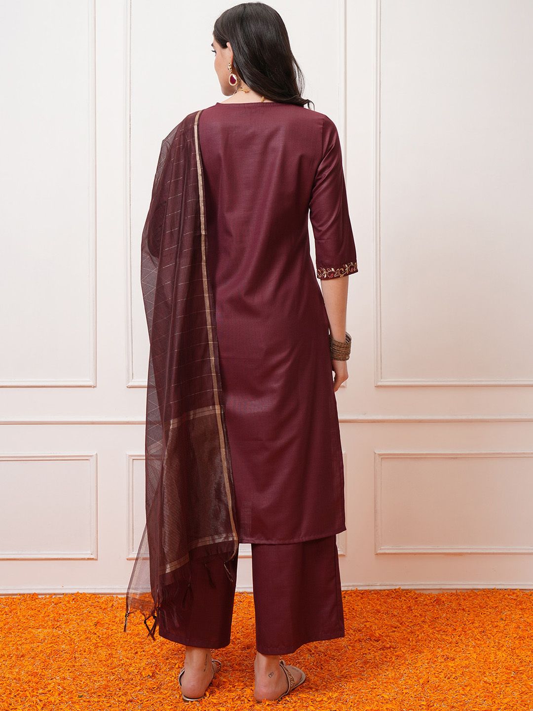Vishudh Burgundy Ethnic Motifs Yoke Design Thread Work Kurta with Palazzo & Dupatta