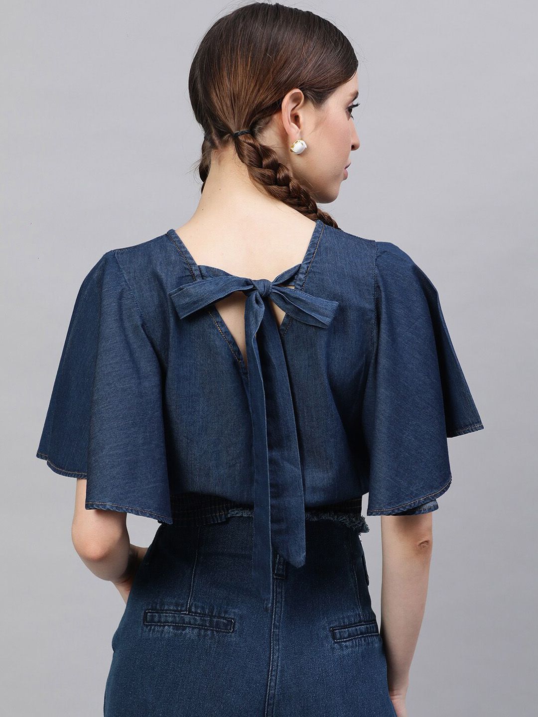 STREET 9 Navy Blue Flared Sleeves Indigo Pure Cotton Denim Smocked Styled Back Crop Top