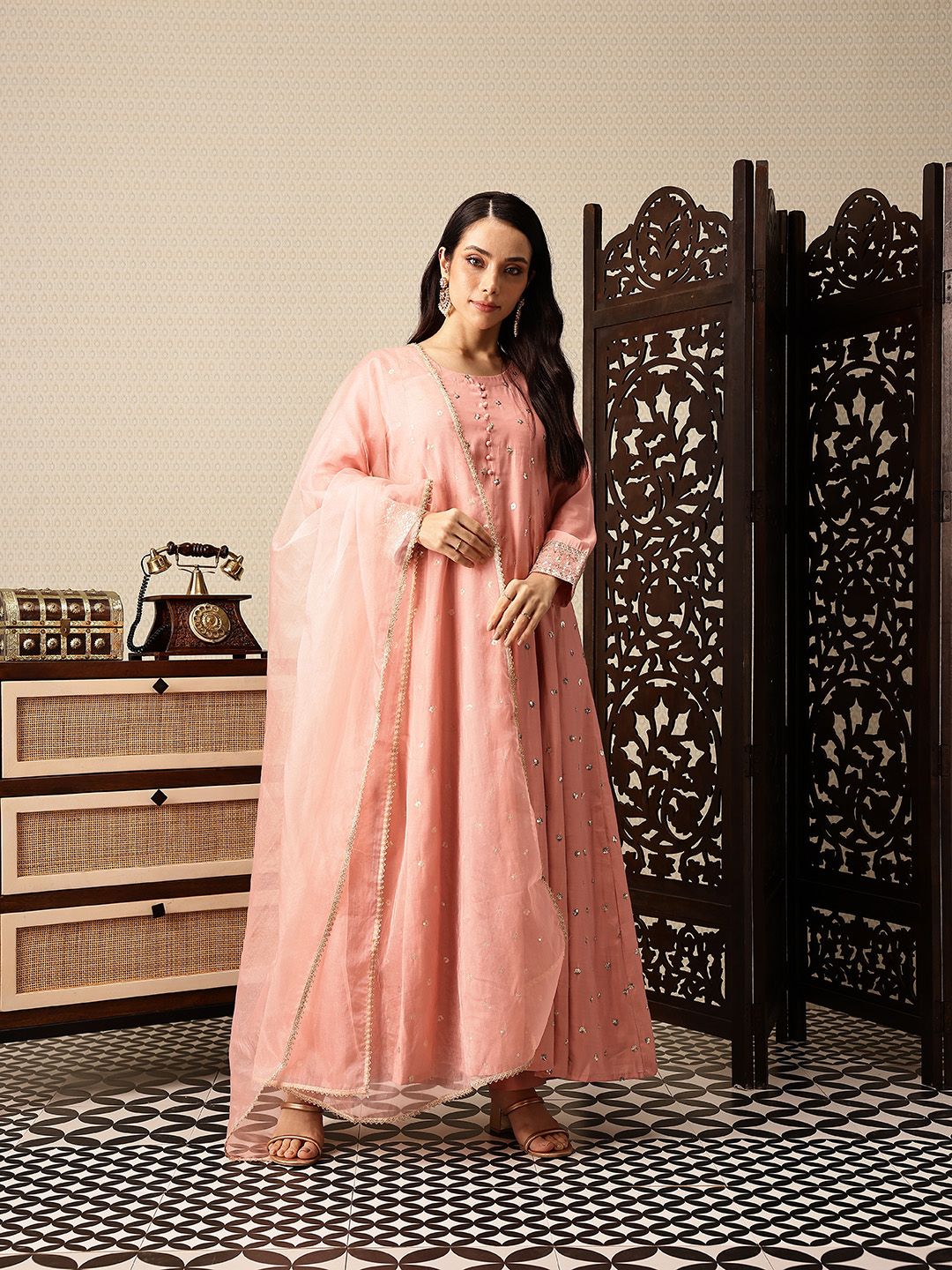 House of Pataudi Floral Sequinned Embellished Jashn A-Line Kurta with Trousers & Dupatta