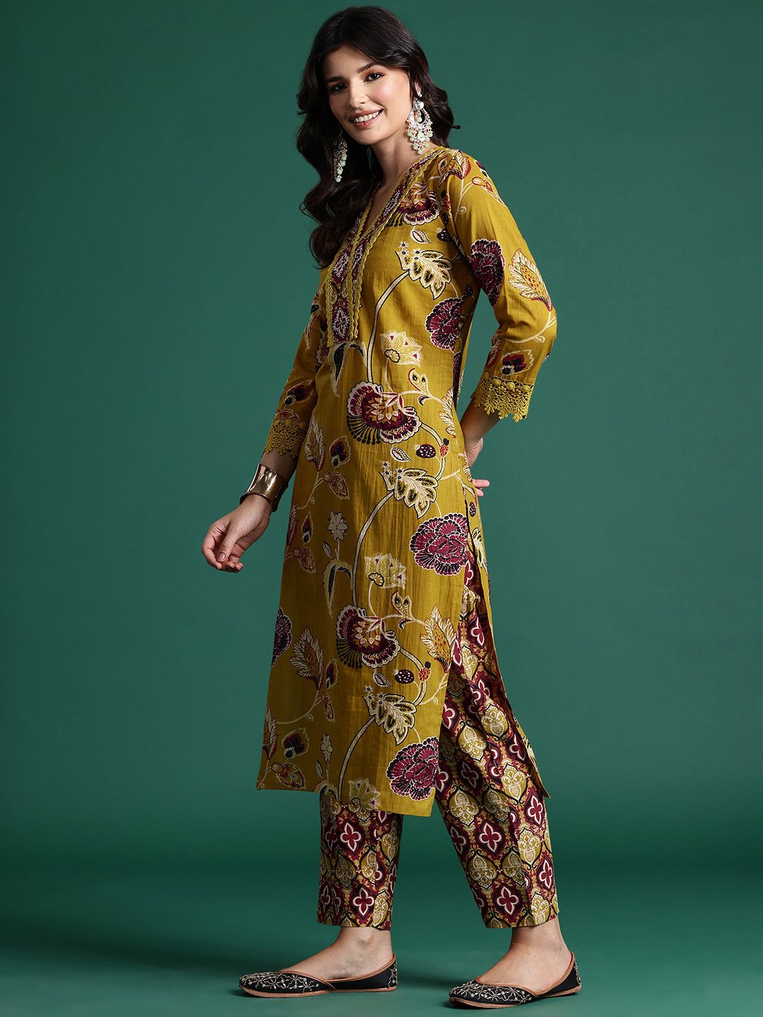 Indo Era Ethnic Motifs Printed Sequinned Pure Cotton Kurta With Trousers & Dupatta