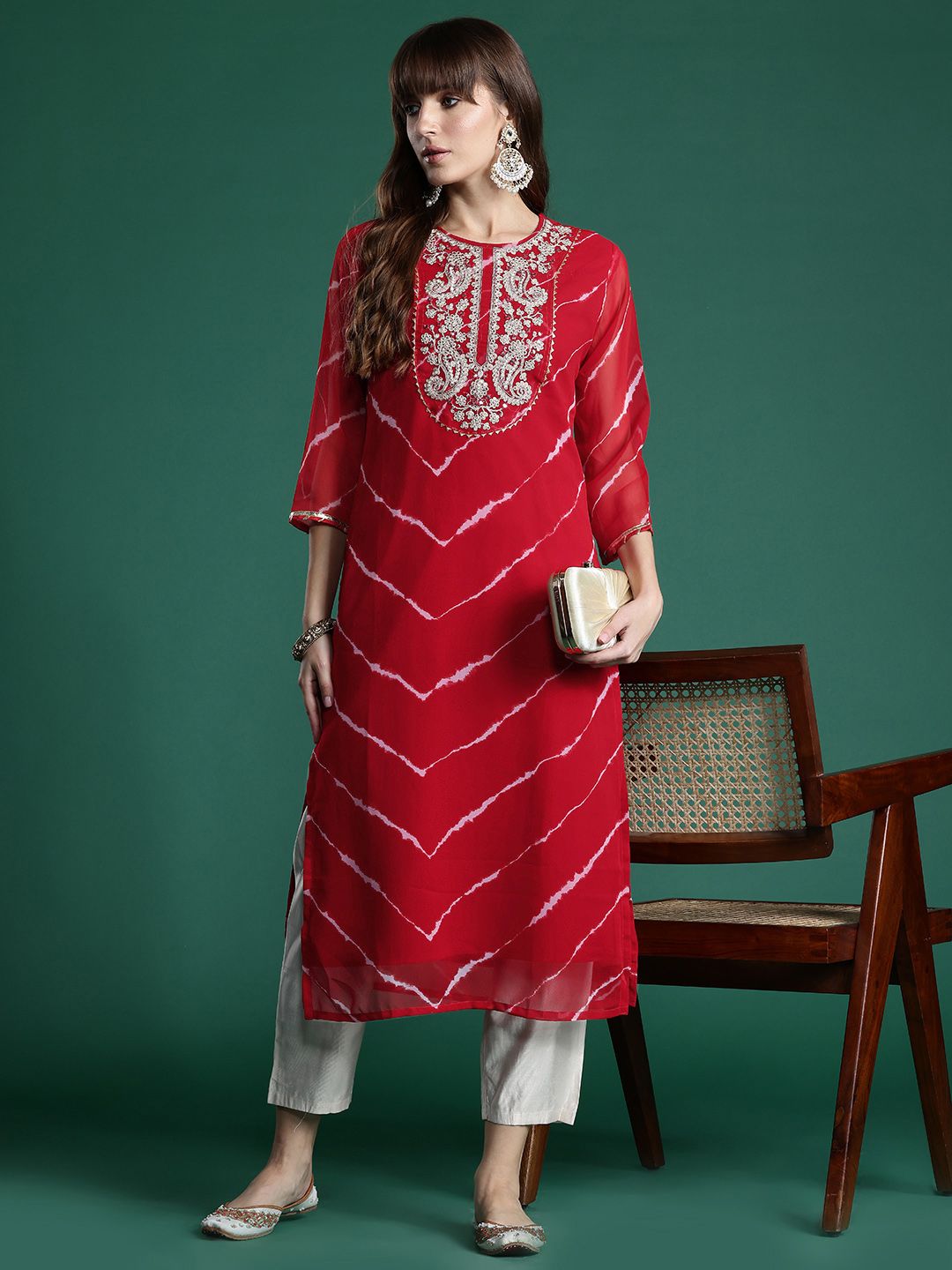 Indo Era Leheriya Print Zari & Mirror Embroidered Straight Georgette Kurta