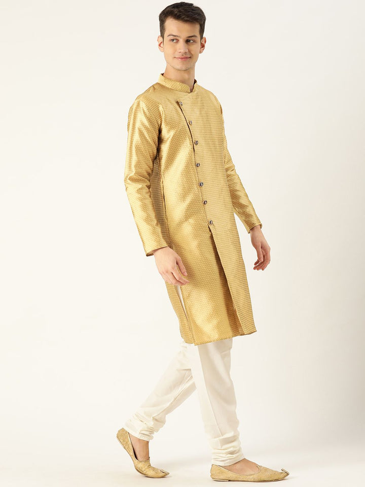 SOJANYA Men Golden Woven Design Angrakha Straight Kurta