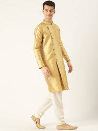 SOJANYA Men Golden Woven Design Angrakha Straight Kurta