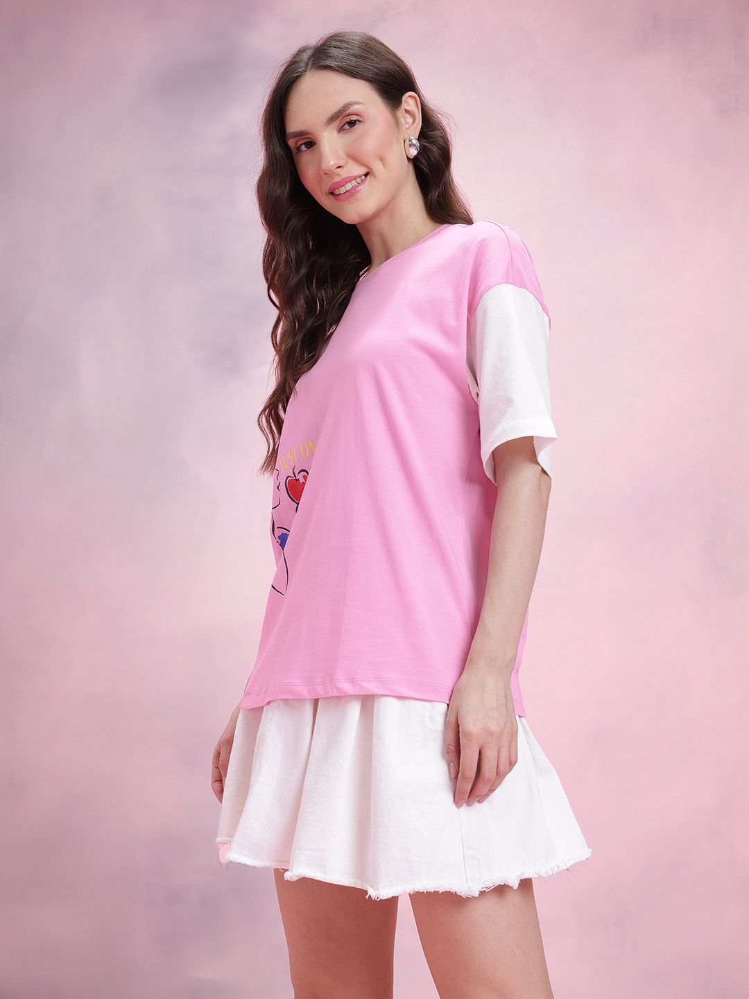 DressBerry Snow White Print Drop-Sleeves Pure Cotton Oversized T-shirt