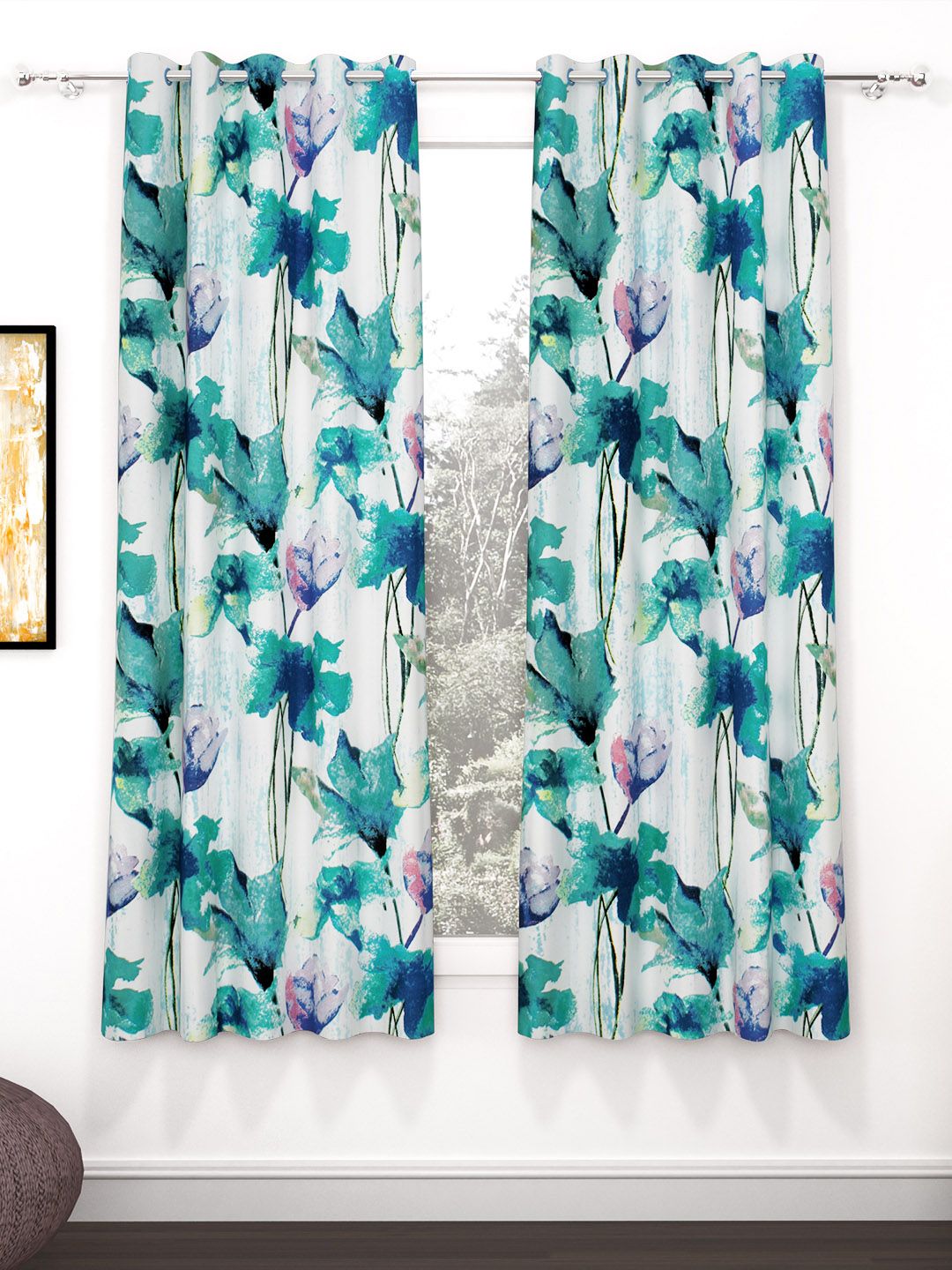 Story@home Blue & White 2 Pieces Floral Window Curtain