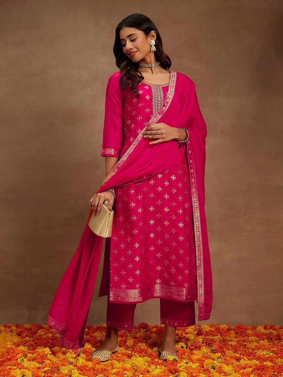 Libas Floral Woven Design Beads & Stones Kurta with Trousers & Dupatta