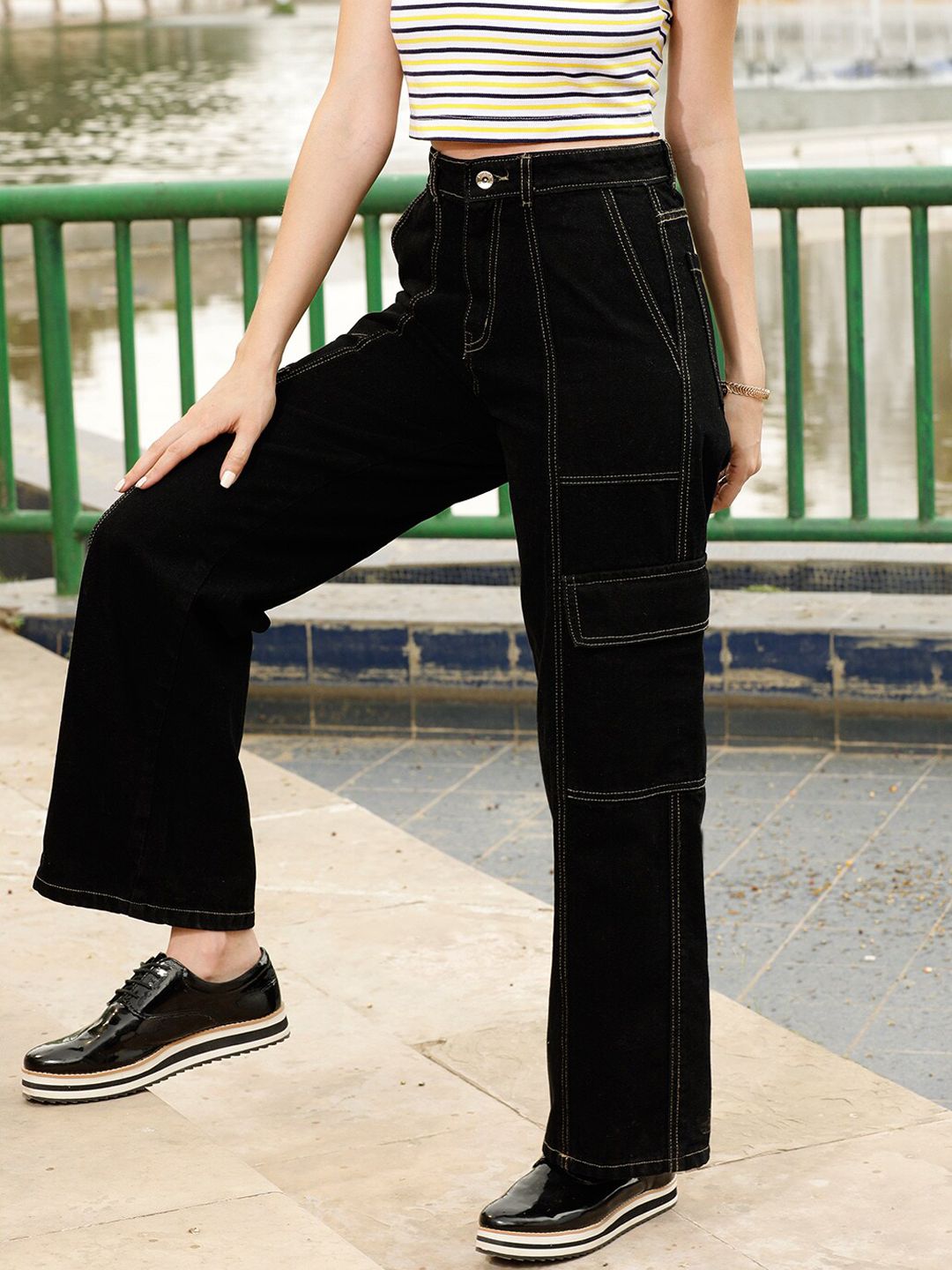STREET 9 Women Black Relaxed Wide Leg High-Rise Pure Cotton Cargo Trousers