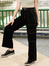 STREET 9 Women Black Relaxed Wide Leg High-Rise Pure Cotton Cargo Trousers