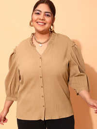 CURVY STREET Plus Size Beige Comfort Fit Puff Sleeves Shirt