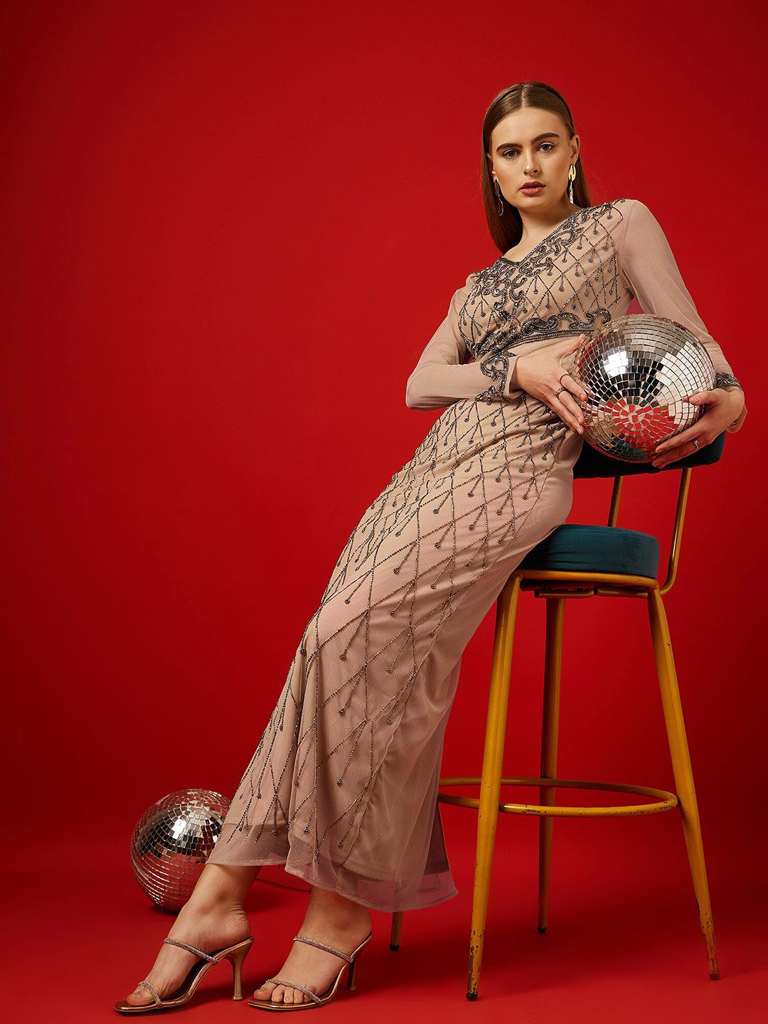 STREET 9 Embellished Long Sleeves Net Maxi Dress