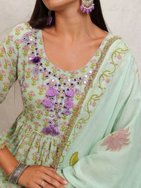 Vishudh Green Printed Mirror Work Pure Cotton Anarkali Kurta With Trousers & Dupatta