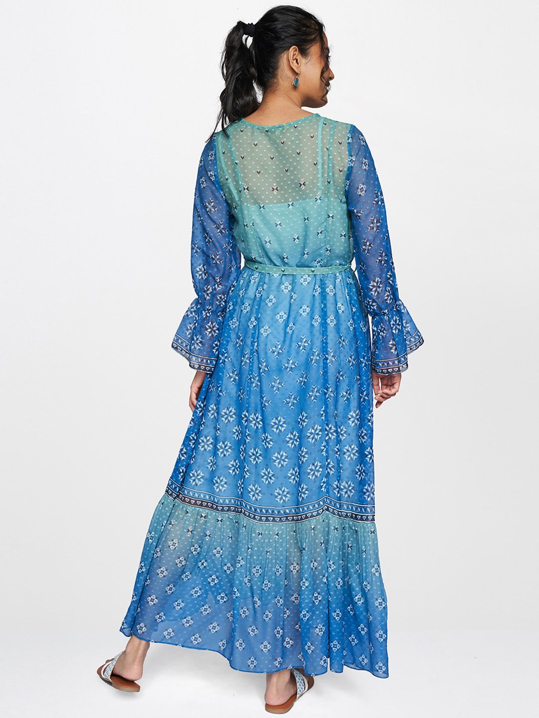 Global Desi Blue & Green Ethnic Motifs A-Line Maxi Dress With Waist- Tie Up
