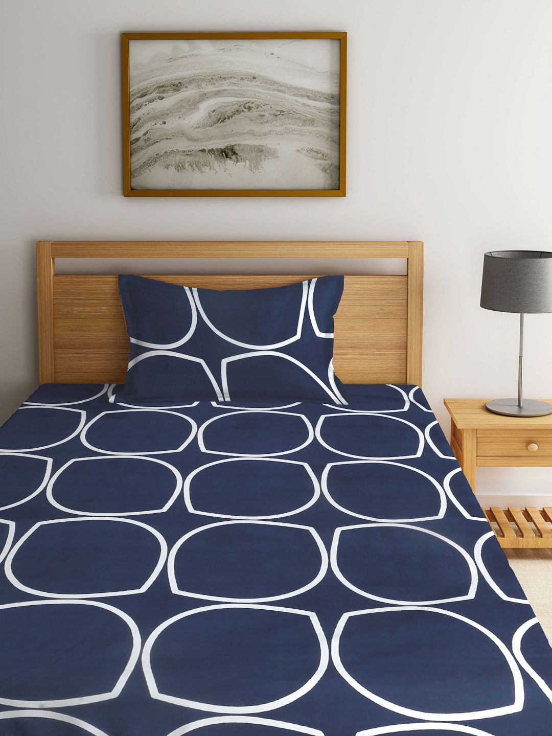 Myntra Elegant Homes Blue & White Geometric 300 TC Single Bedsheet with 1 Pillow Covers