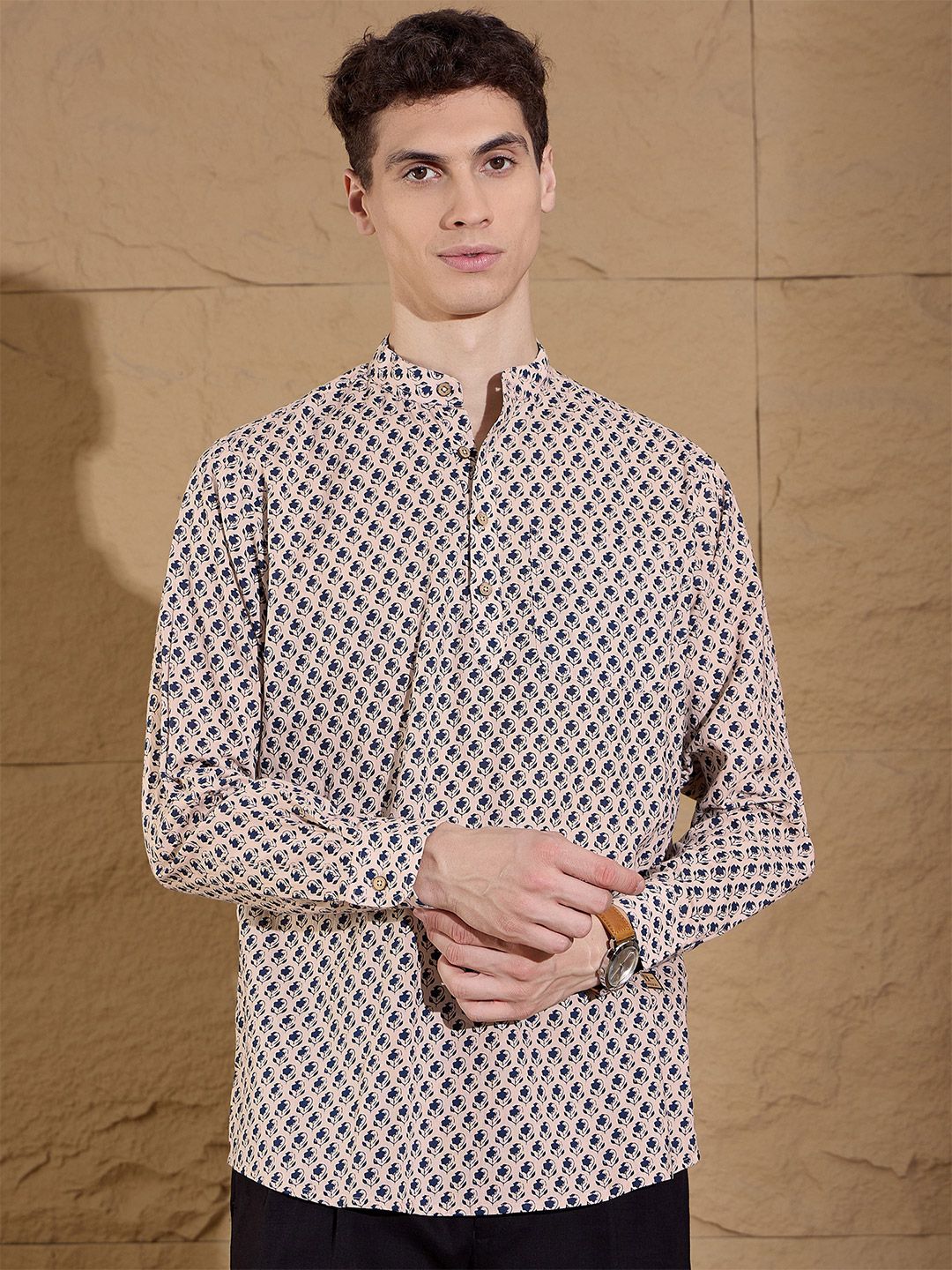 DENNISON Floral Printed Pure Cotton Band Collar Straight Kurta