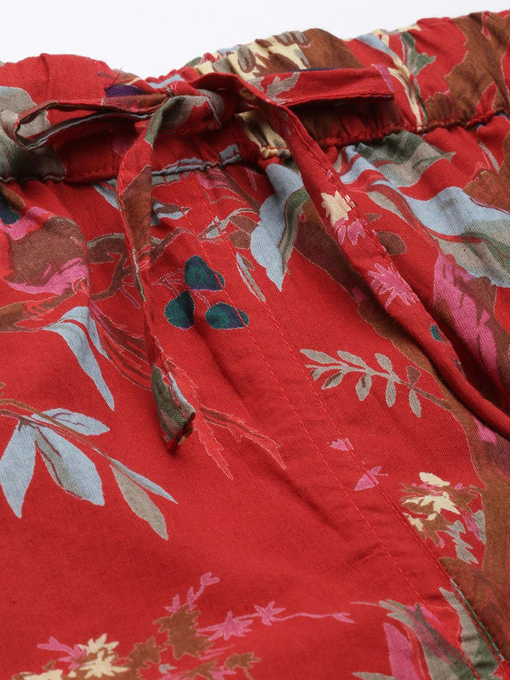 SANSKRUTIHOMES Women Red Printed Cotton Night suit