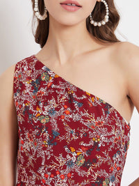 Berrylush Women Maroon & Off-White Floral Printed One Shoulder Maxi Dress
