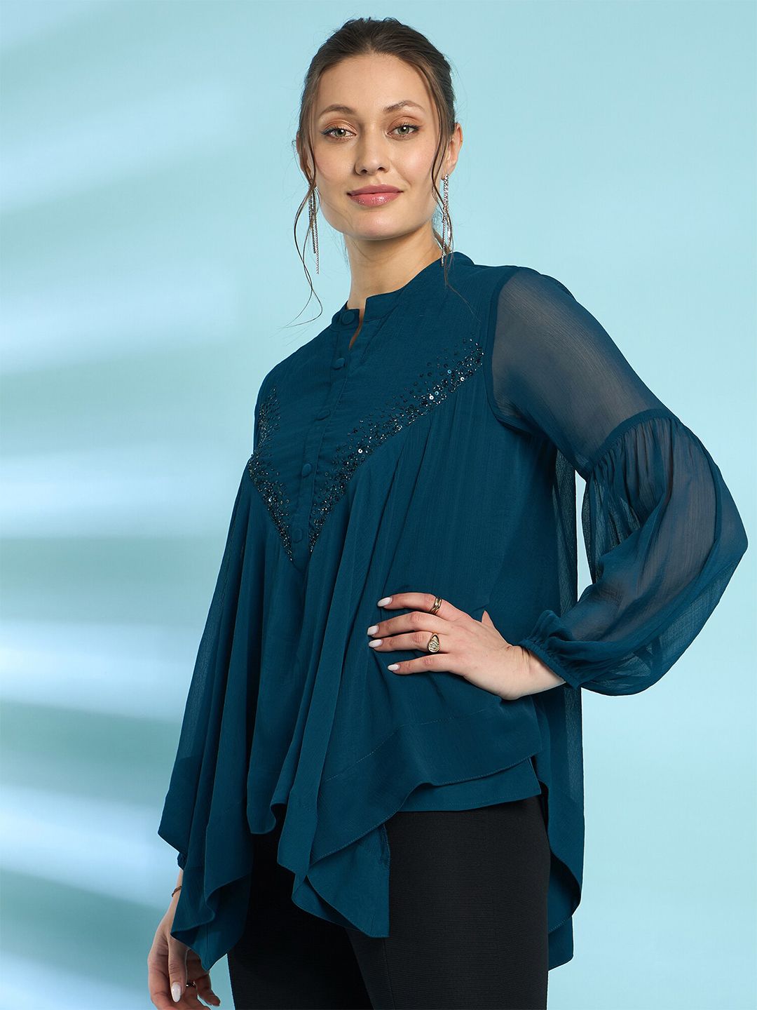 Antheaa Embellished Mandarin Collar Bell Sleeve Chiffon Top