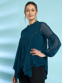 Antheaa Embellished Mandarin Collar Bell Sleeve Chiffon Top