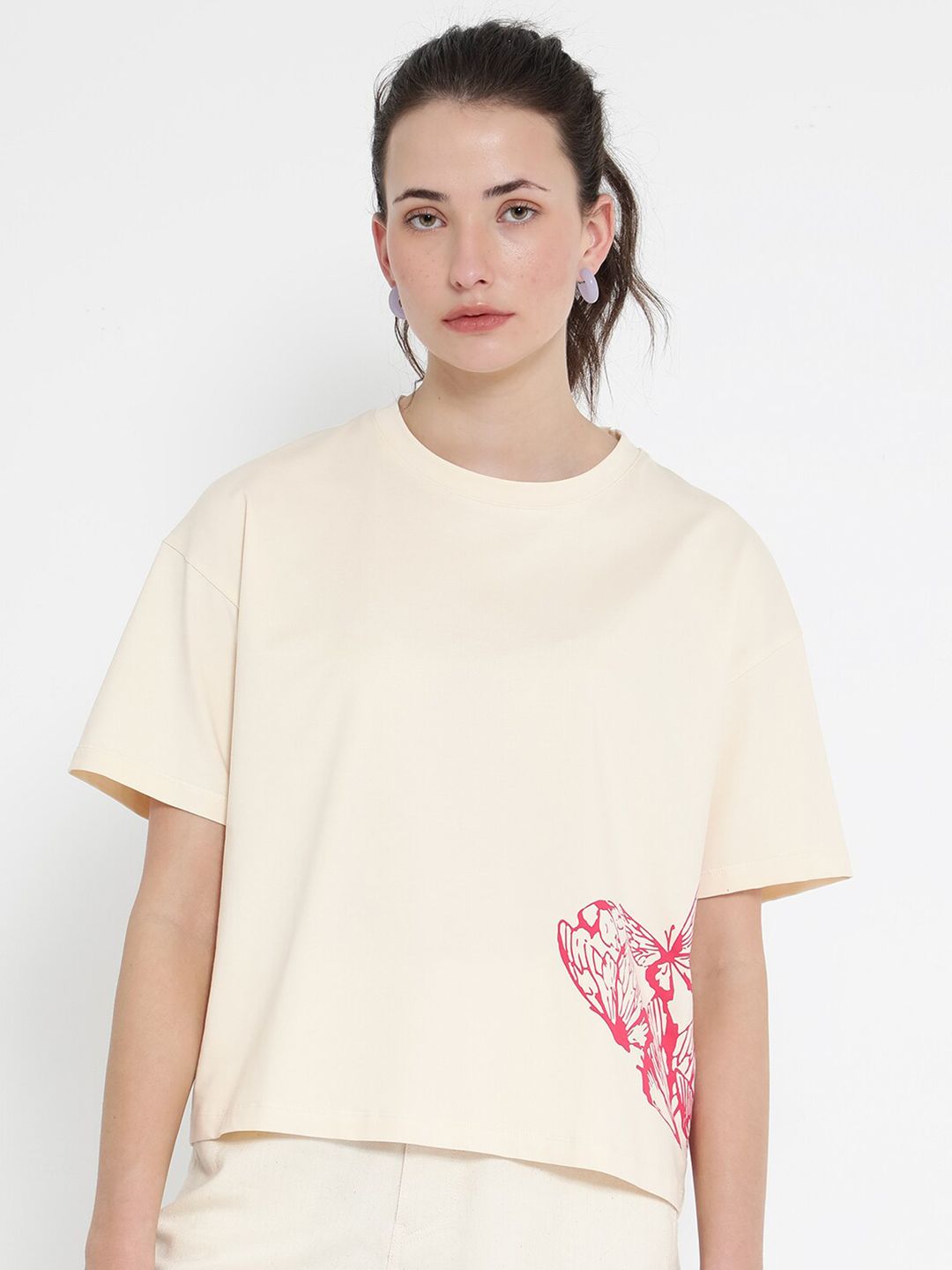 RAREISM Round Neck Drop-Shoulder Sleeves Boxy T-shirt