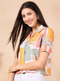 Anouk Geometric Print Roll-Up Sleeves Cotton Shirt Style Top