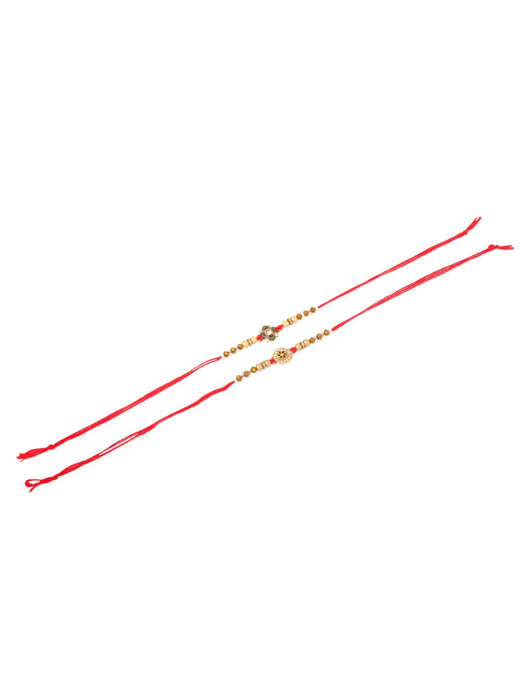 NVR Unisex Set of 2 Artificial Stones & Beads Thread Rakhi With Roli Chawal Chandan Mishri
