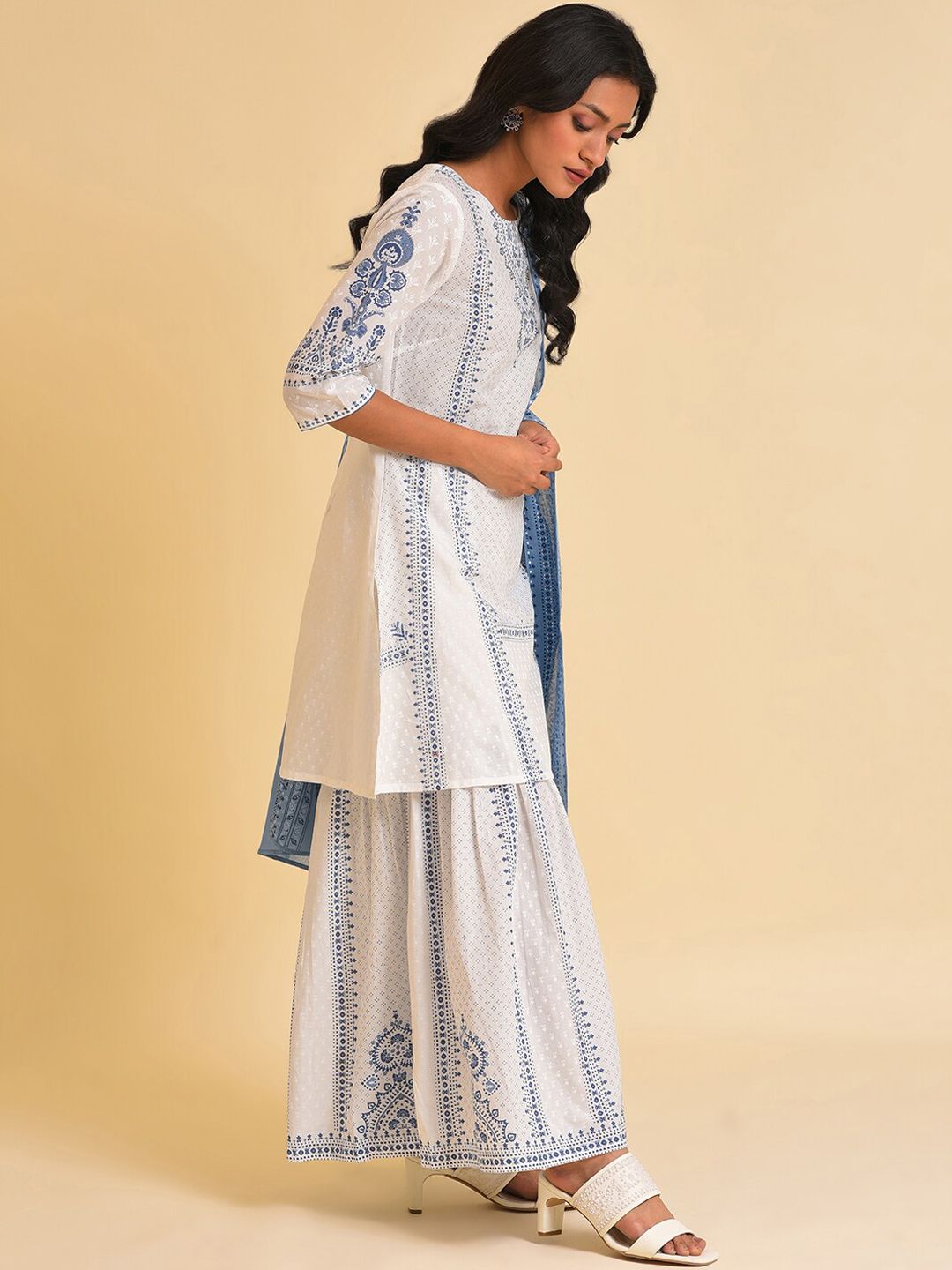 W White Floral Printed Pure Cotton Kurta with Sharara & With Dupatta