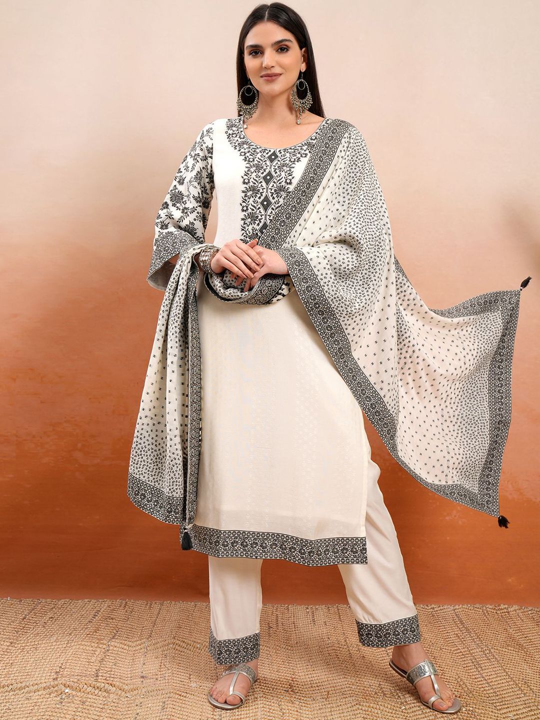 Vishudh Cream Coloured Thread Work Pure Cotton Straight Kurta With Trousers & Dupatta