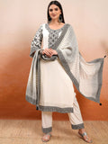 Vishudh Cream Coloured Thread Work Pure Cotton Straight Kurta With Trousers & Dupatta