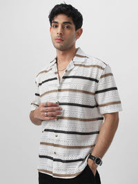 Urbano Fashion Men Cuban Collar Geometric Self Design Cotton Oversized Casual Shirt