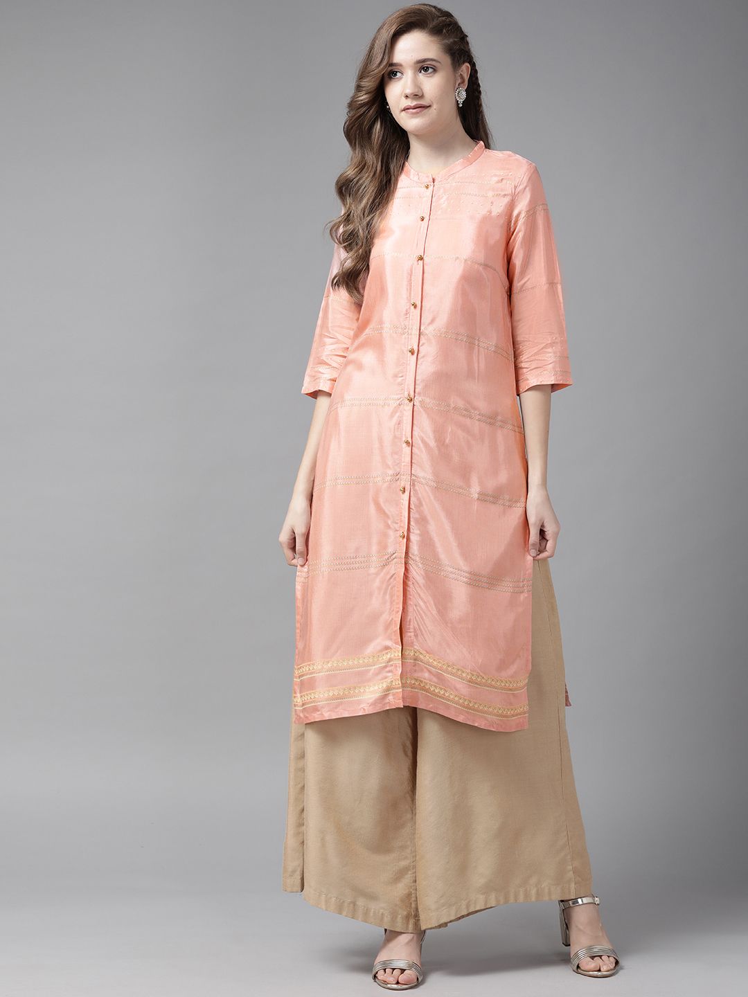 W Women Peach-Coloured Printed Straight Kurta