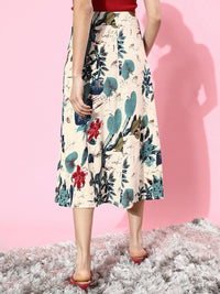 Berrylush Women Off White Floral Printed A-Line Skirt