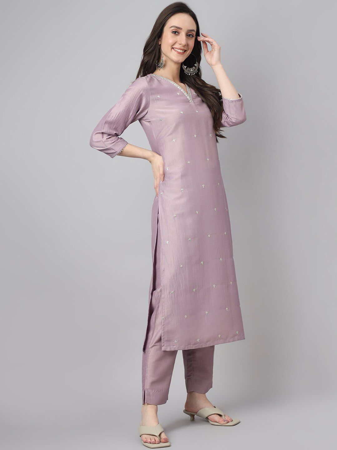 Janasya Women's Lavender Silk Blend Embellished Kurta with Pant and Dupatta