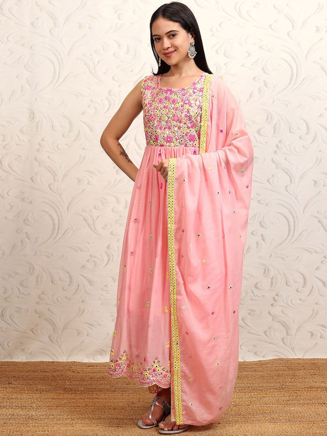 Vishudh Pink Embroidered Thread Work Pure Cotton Anarkali Kurta With Trousers & Dupatta