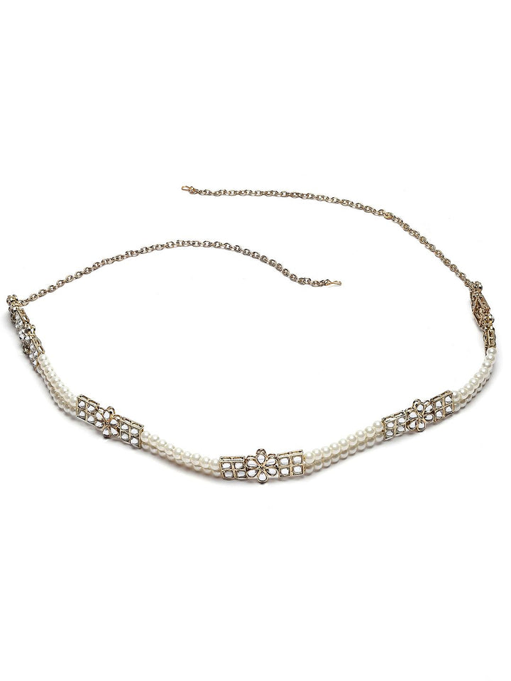 KARATCART Gold-Plated White Kundan-Studded Pearl Beaded Kamarbandh