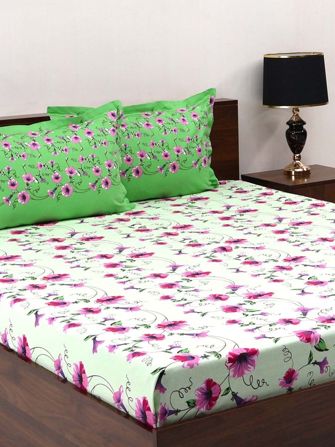 BOMBAY DYEING Aster Green Floral 100 TC Cotton Queen Bedsheet Set-2.24 m X 2.44 m