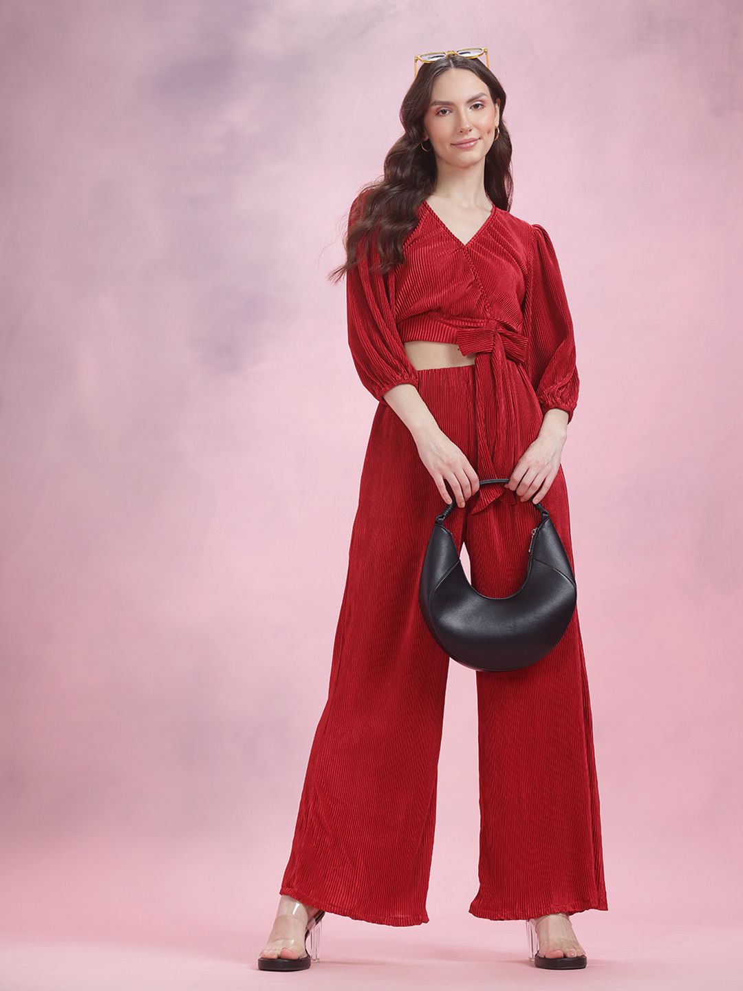 DressBerry Accordian Pleats Satin Puff Sleeves Crop Wrap Top with Trousers