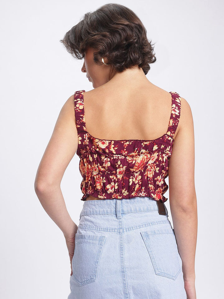 DressBerry Floral Frenzy Printed Smocked Frill Detail Crop Top