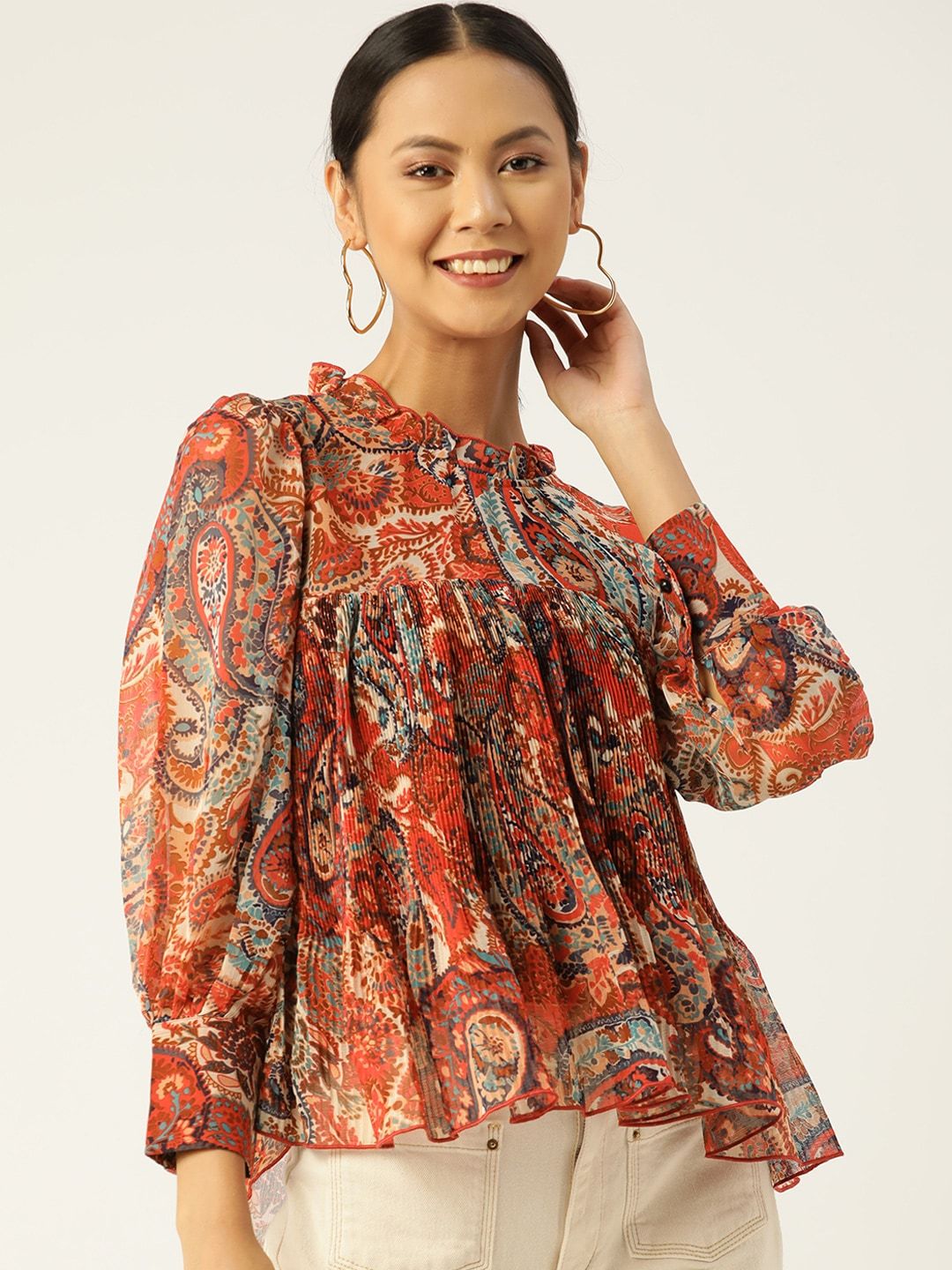 Antheaa Women Rust & Navy Blue Ethnic Motif Print Chiffon Cuffed Sleeves Top