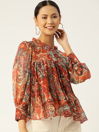 Antheaa Women Rust & Navy Blue Ethnic Motif Print Chiffon Cuffed Sleeves Top