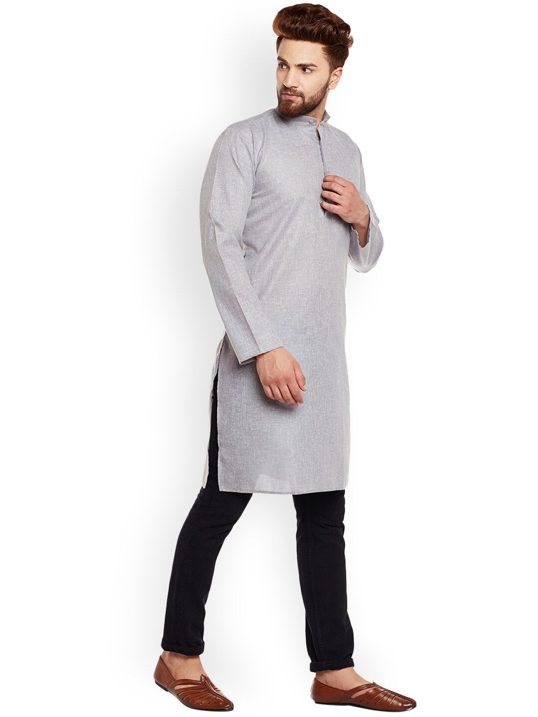 SOJANYA Men Grey Solid Straight Kurta