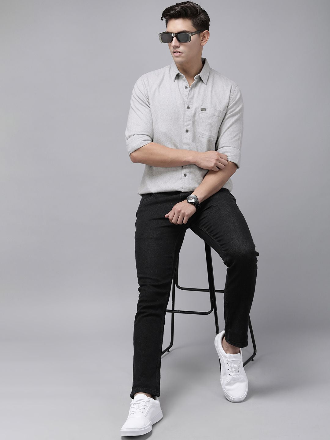 THE BEAR HOUSE Men Grey Solid Cotton Slim Fit Casual Shirt