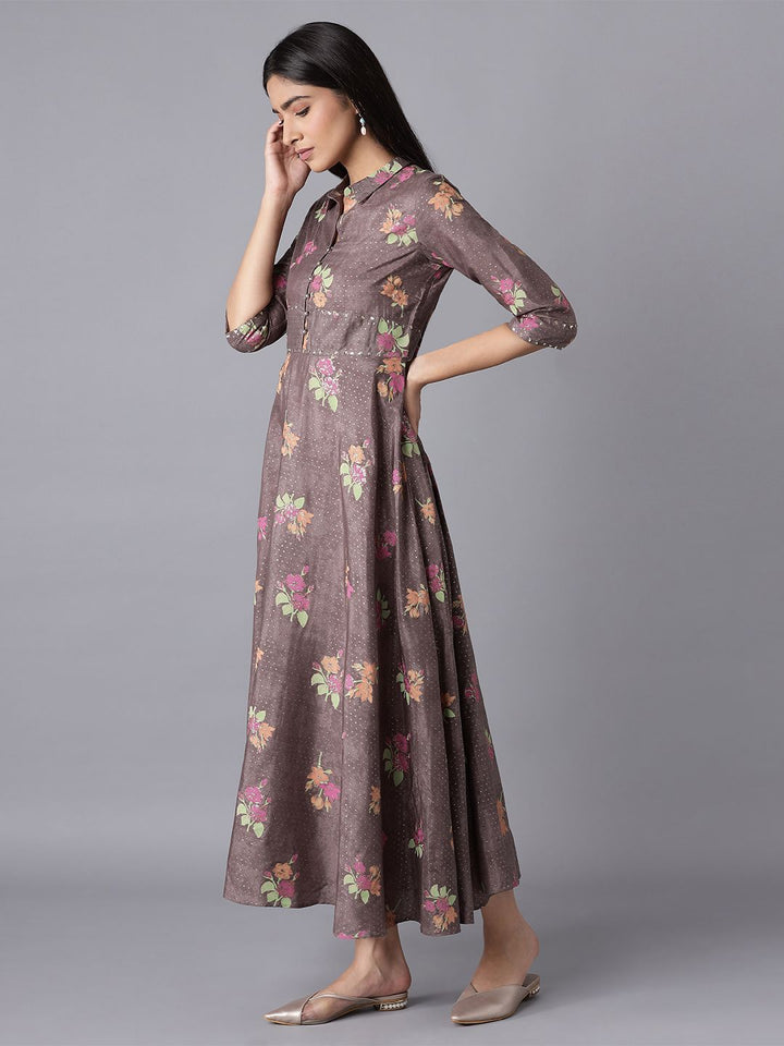 W Women Festive Floral Print Shantung Flared Ethnic Dress