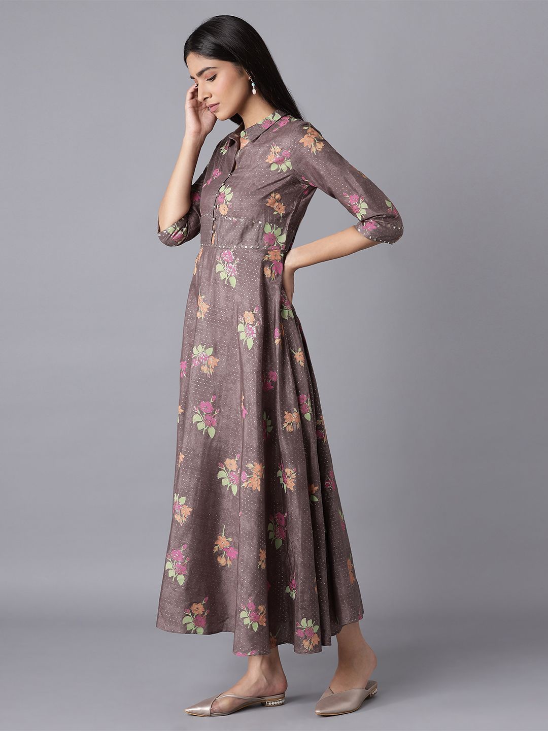 W Women Festive Floral Print Shantung Flared Ethnic Dress