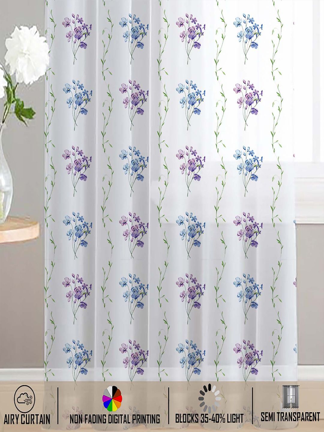 STITCHNEST White & Purple 2 Pieces Floral Printed Sheer Door Curtains