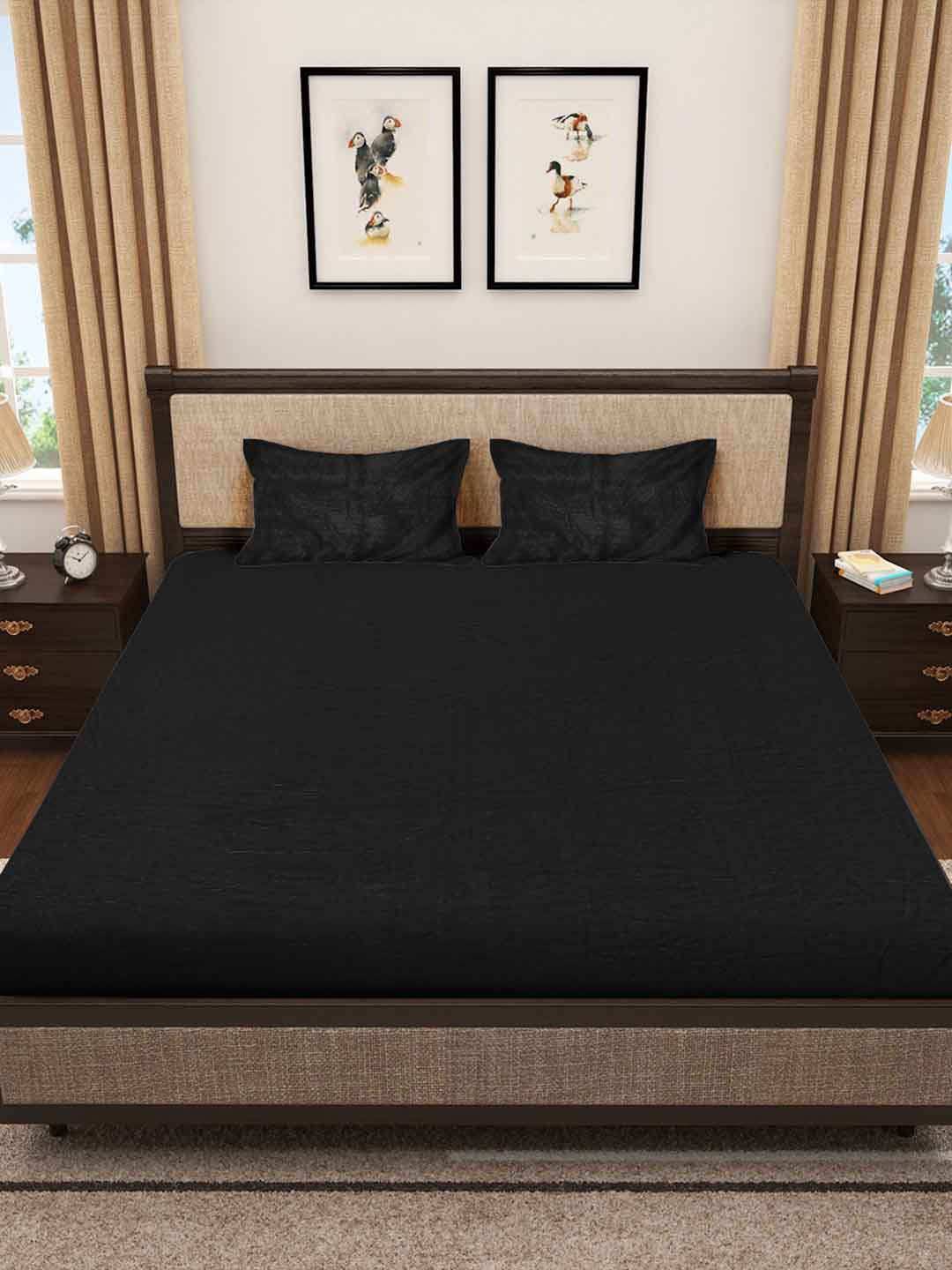 KLOTTHE Black 300 TC Woolen Double Bed Bedsheet With 2 Pillow Covers