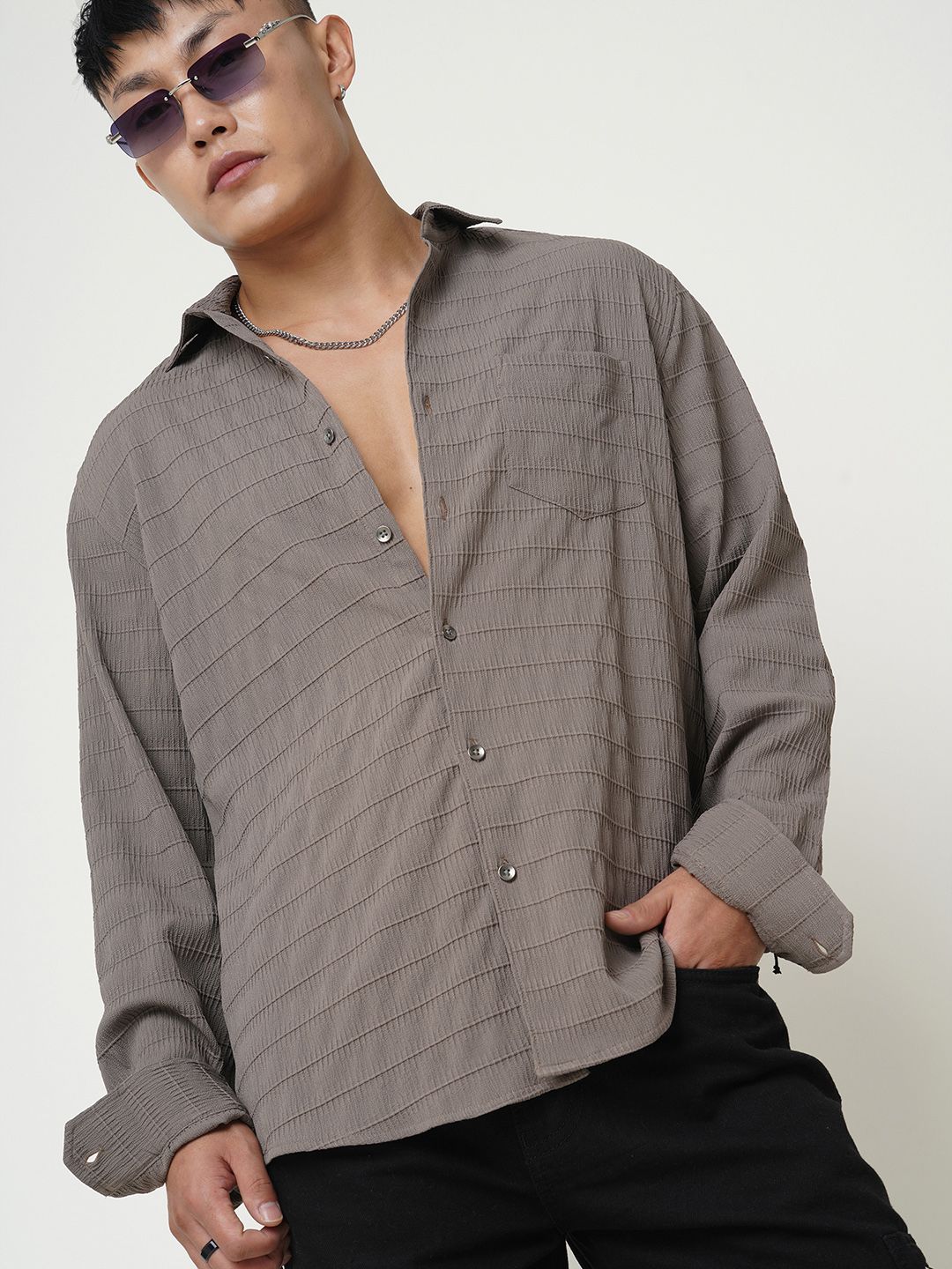 VASTRADO Men Classic Fit Spread Collar Textured Casual Shirt