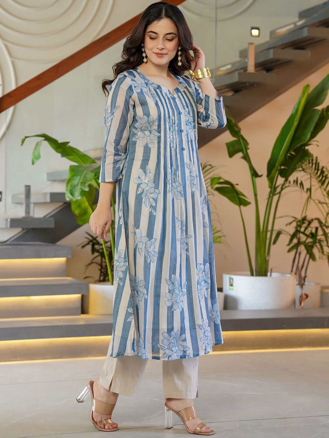 Indo Era Floral Printed Round Neck A-Line Pure Cotton Kurta With Trousers