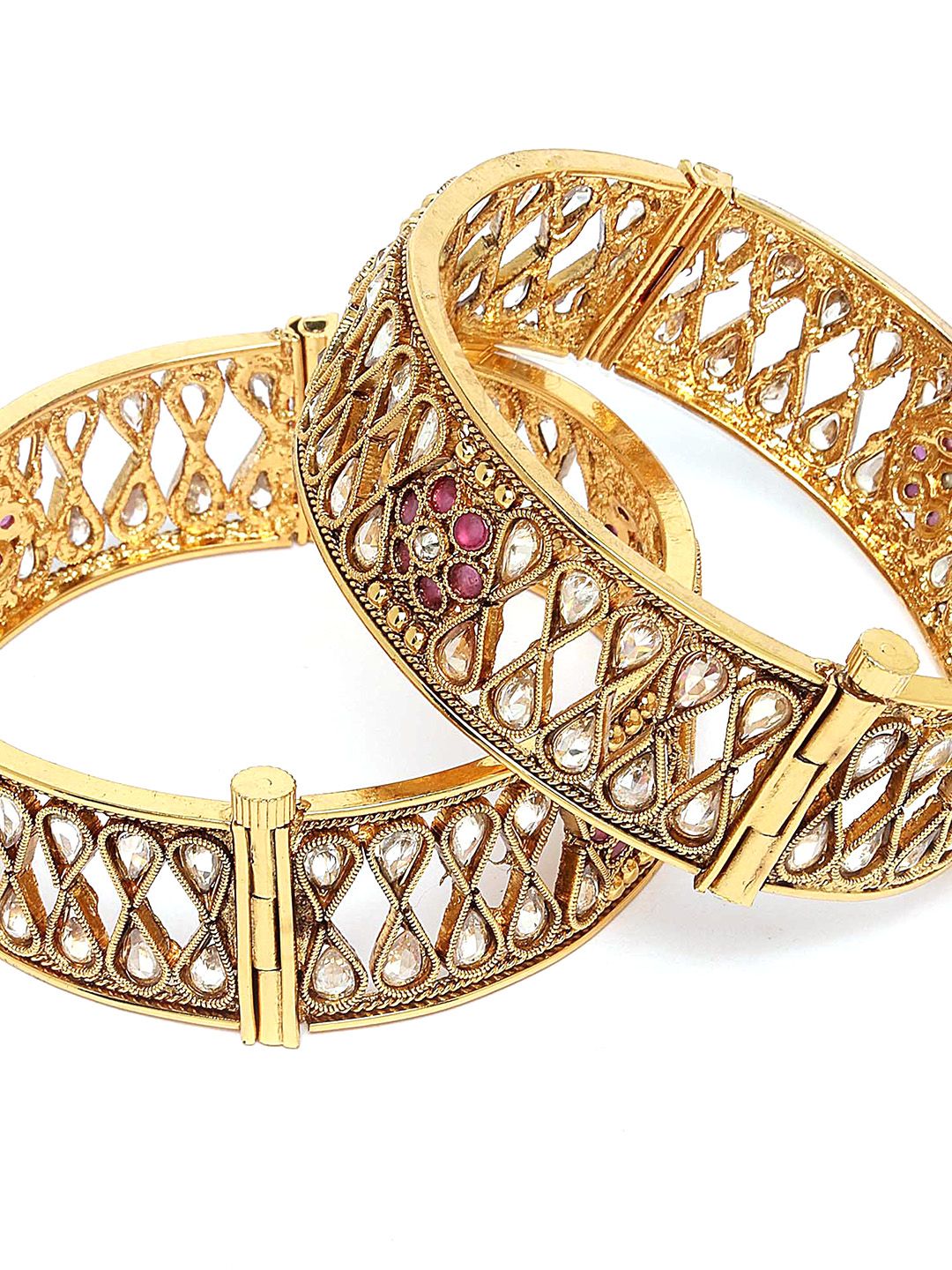 KARATCART Set of 2 Gold Plated Kundan Studded Antique Bangles