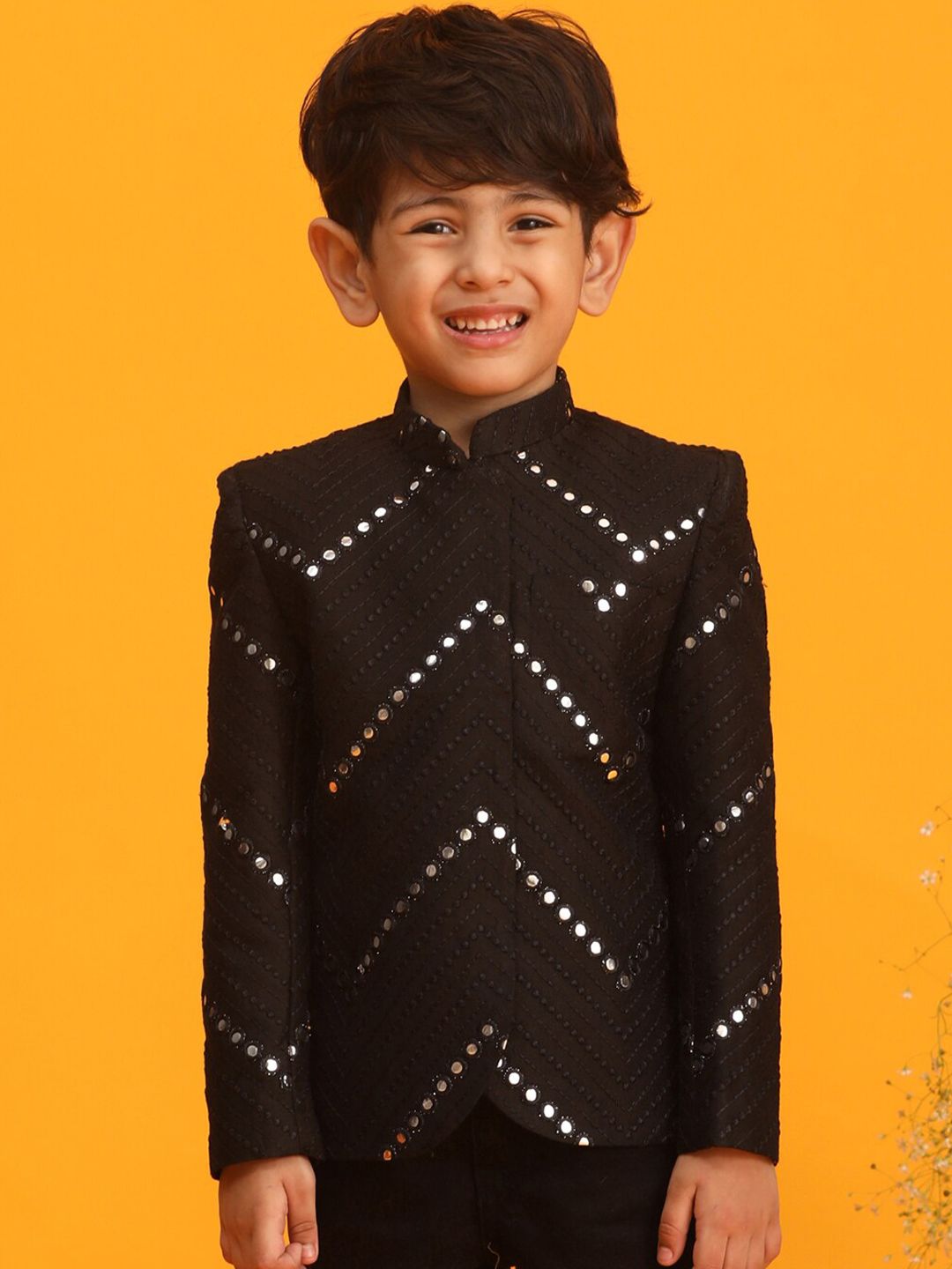VASTRAMAY Boys Mirror Work Embroidered Slim-Fit Bandhgala Ethnic Blazer