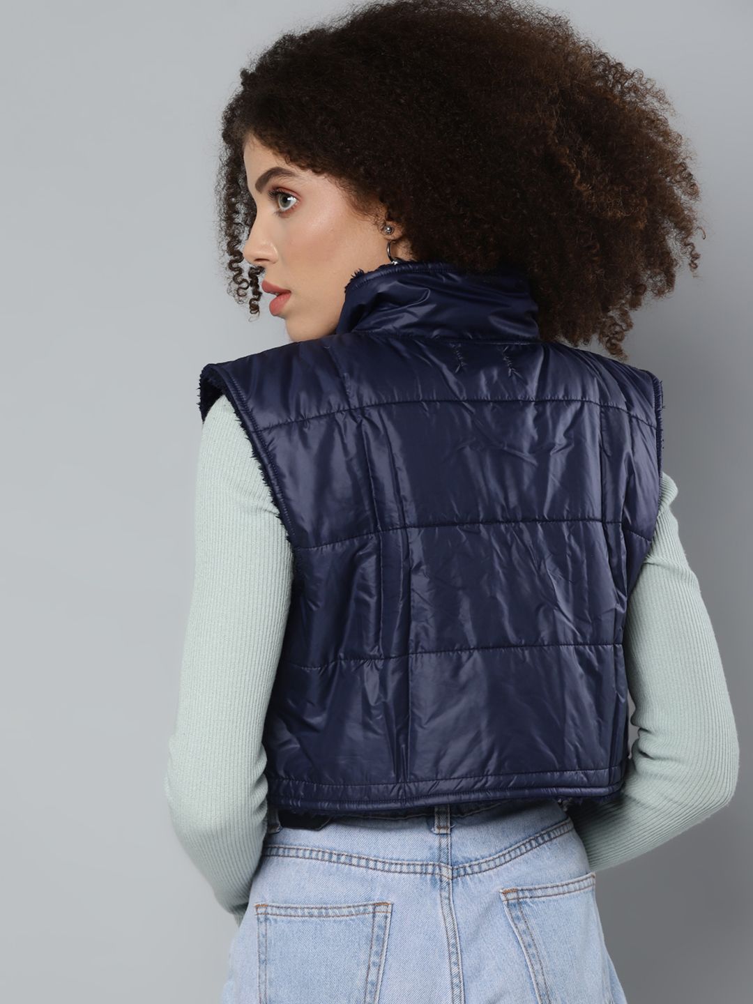 SASSAFRAS Women Navy Blue Crop Padded Jacket